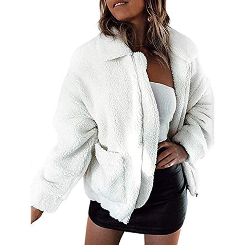 〽️Women's Classic White Casual Fleece Zipper Oversized Outwear Coat Warm Jacket